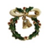 Vintage Christmas Wreath Ribbon Bell Brooch Pin Gold Tone Rhinestone Enameled
