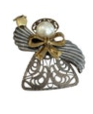 VTG Brooch Teacher Silvertone Angel Faux Pearl Rhinestones Ten Thousand Angels