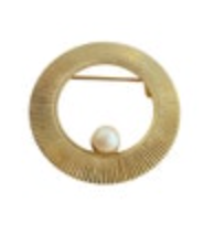 Vintage Gold Tone Faux Pearl Circle Brooch Statement Pin