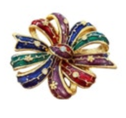 JOAN RIVERS Signed Goldtone Enamel Bow with Rhinestone Brooch Pin Red Green