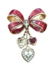 Monet Brooch Pin Red Enamel Bow Gold Tone Rhinestones 3 Dangling Heart Charms