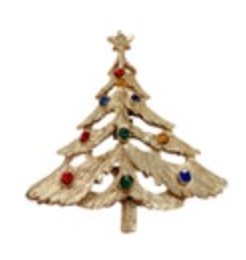 Gold Tone Christmas Tree Pin Brooch Rhinestone Lights Multi Colored Vintage