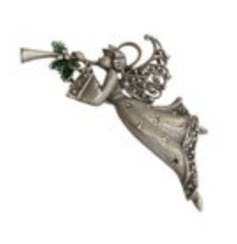 VTG JJ Jonette Pewter Tone Enamel Rhinestone Angel Holly Christmas Pin Brooch