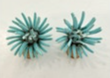 Vintage 3D Floral Enamel Earrings Clip On Chrysanthemum Blue Flowers