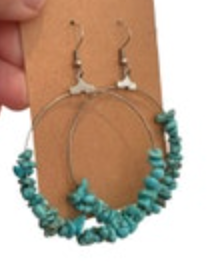 Silver Tone Turquoise Chip Hoop Dangle Hook Earrings