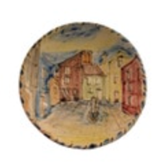 Handpainted Village Square Scene Vintage 6 Inch Diameter Pottery Signed Saucer