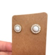 White Cabochon Gold Tone Round Post Earrings Classic Preppy