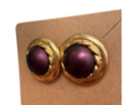 Matte Maroon Merlot Cabochon Gold Tone Round Post Earrings Classic Preppy