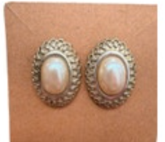 Faux Pearl Silver Tone Oval Post Earrings Classic Preppy