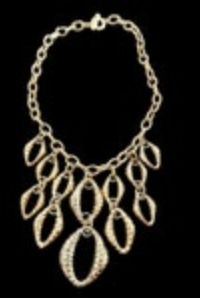 Gold Tone Bib Necklace Chain Link Hammered Metal Textured Toggle Clasp Statement