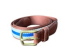 Collared Greens Sz 38 Dockside Navy Ivory Brown Leather Canvas Belt Brass Buckle
