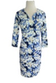 J. Mclaughlin Blue Floral Stretch V-Neck 3/4 Sleeve Dress Size XS Bodycon