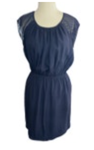 SESSUN France Antonina Navy Blue SILK Mesh Back DRESS M Sheer Slit Back