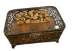 Vintage Matson Ormolu Jewelry Box Gold Filigree Flower Casket Bevel Glass Footed