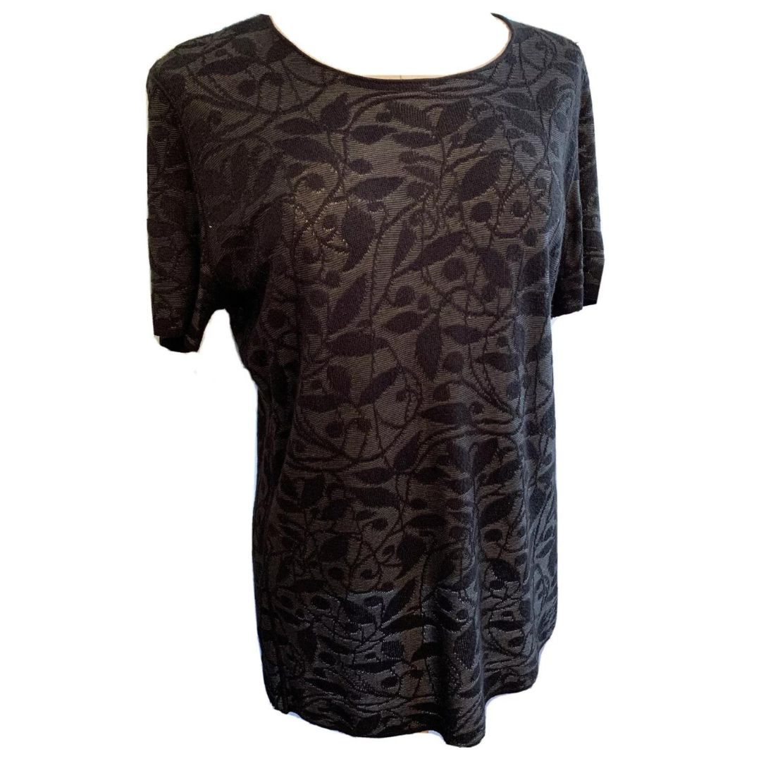 Size 16 Armani Collezioni Black Textured Lightweight Short Sleeve Sheer Made in Italy