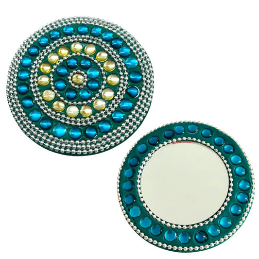 Hand Pocket Mirror Beaded Teal Silvertone Round Purse 3" Diameter