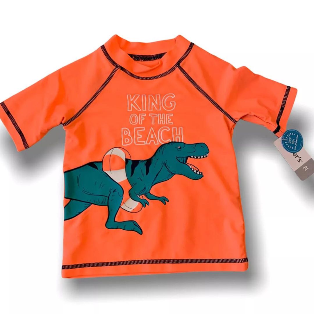 2T Carter's Boys Rashgaurd Swim Shirt Neon Orange Dinosaur UPF 50+ Sun Protection