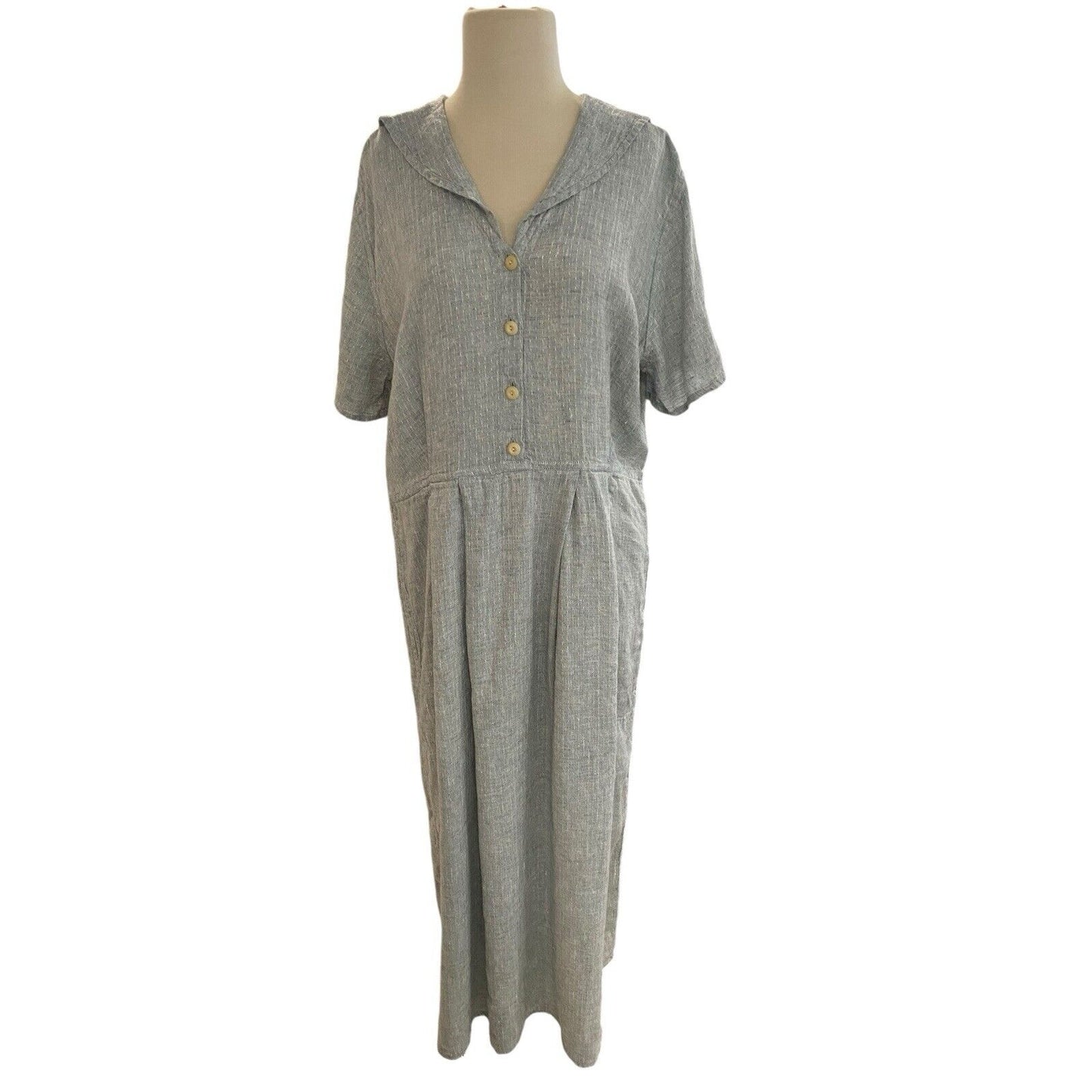 Medium FLAX Linen Dress Bluish Gray Woven Sailor Collar Maxi Pockets