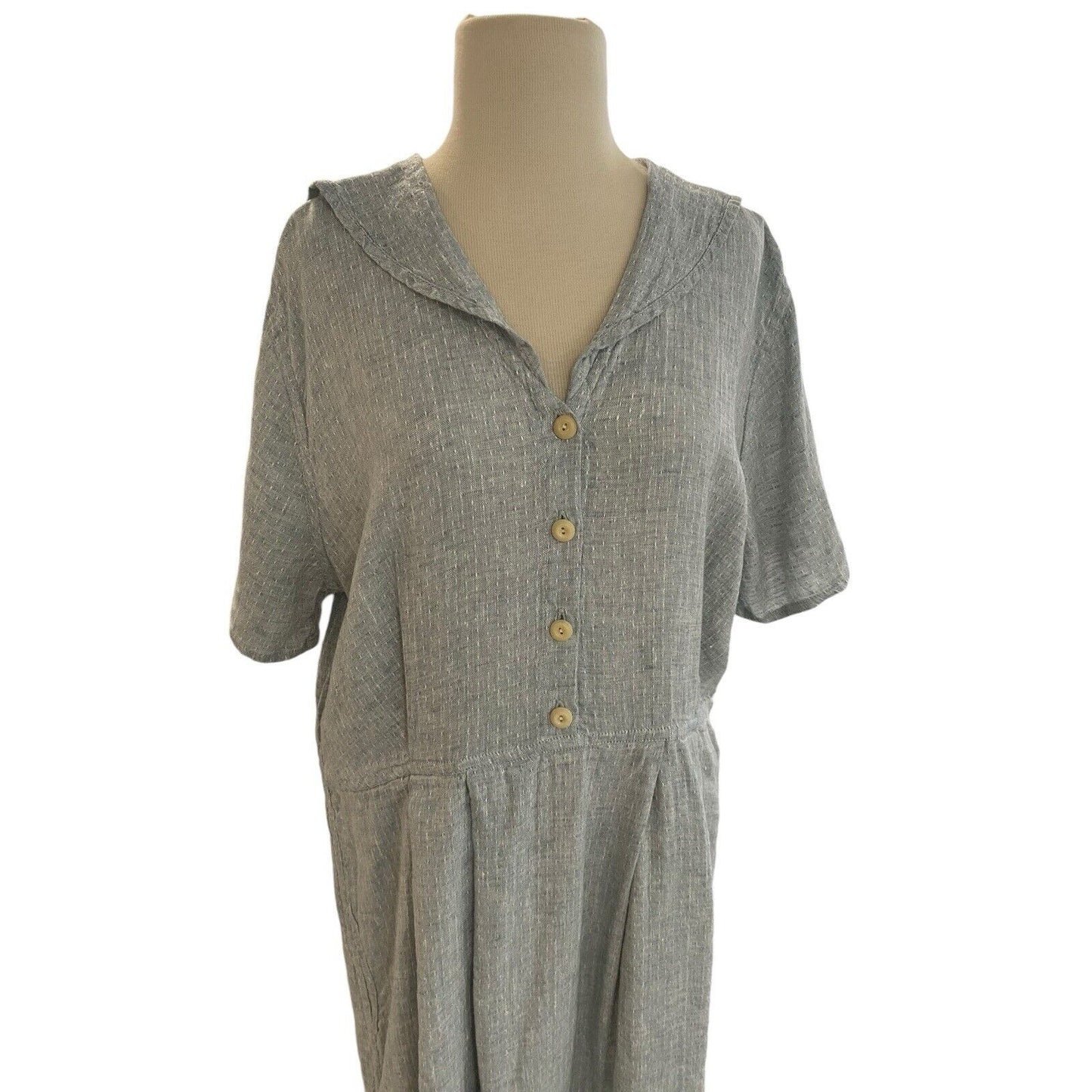 Medium FLAX Linen Dress Bluish Gray Woven Sailor Collar Maxi Pockets