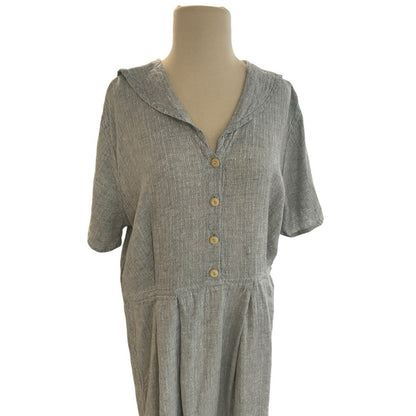 Medium FLAX Linen Dress Bluish Gray Woven Sailor Collar Maxi Pockets