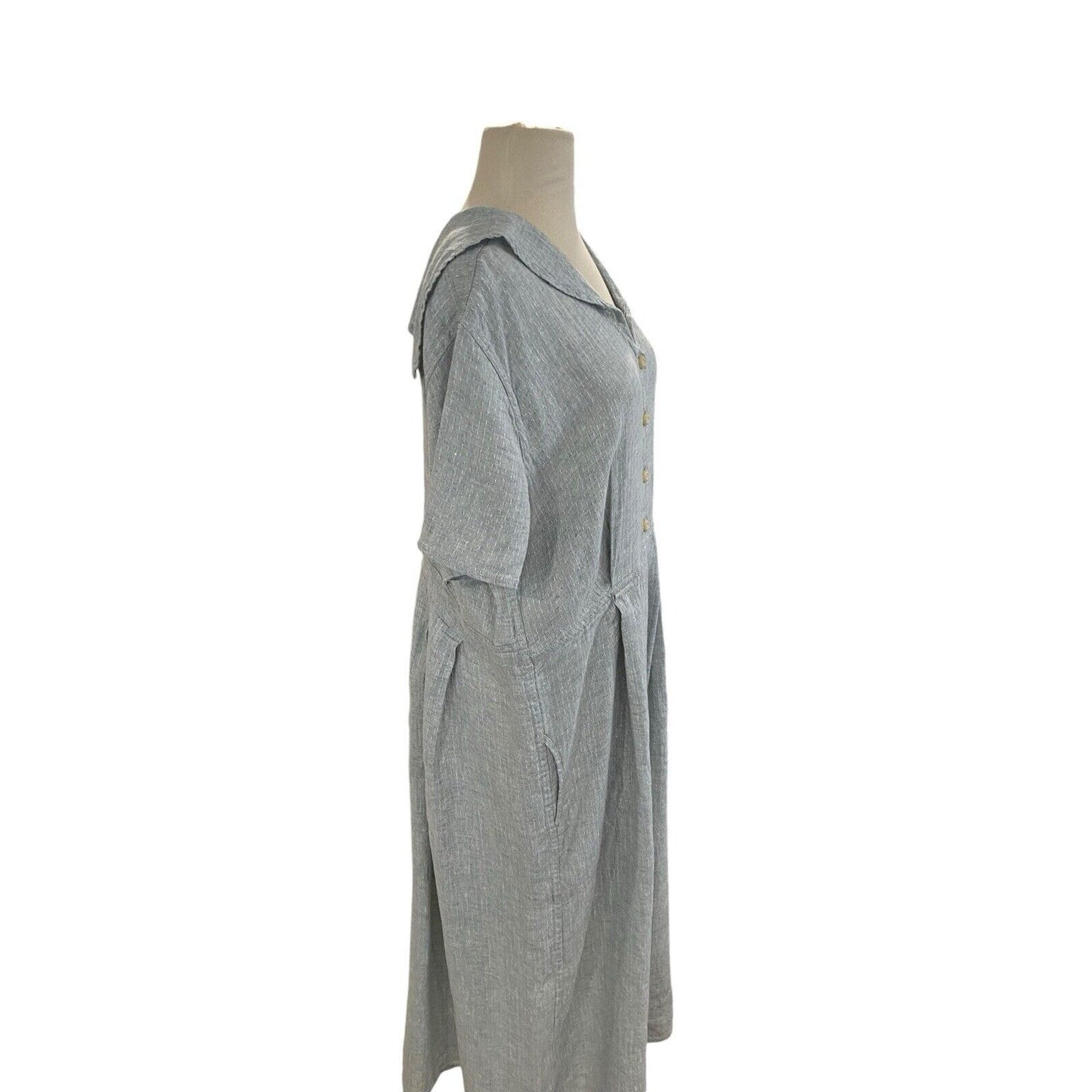 Medium FLAX Linen Dress Bluish Gray Woven Sailor Collar Maxi Pockets