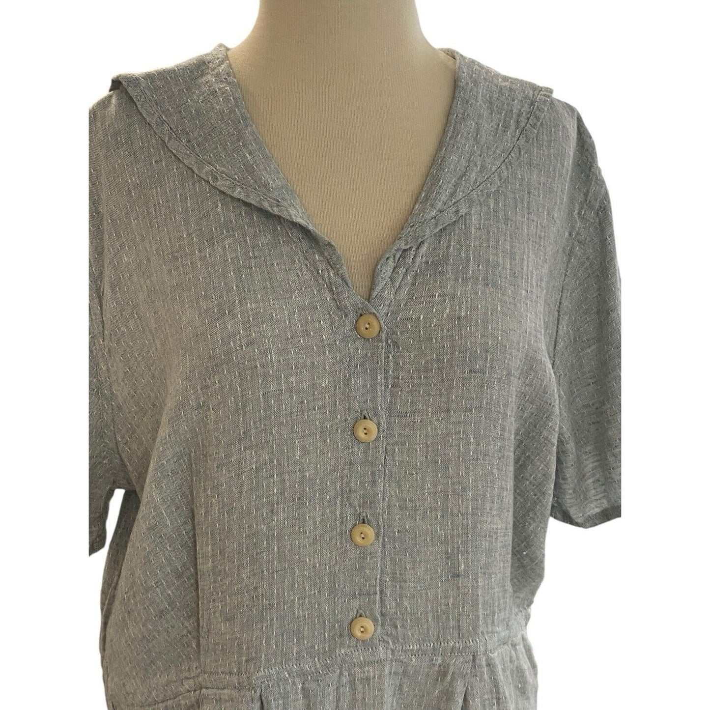 Medium FLAX Linen Dress Bluish Gray Woven Sailor Collar Maxi Pockets