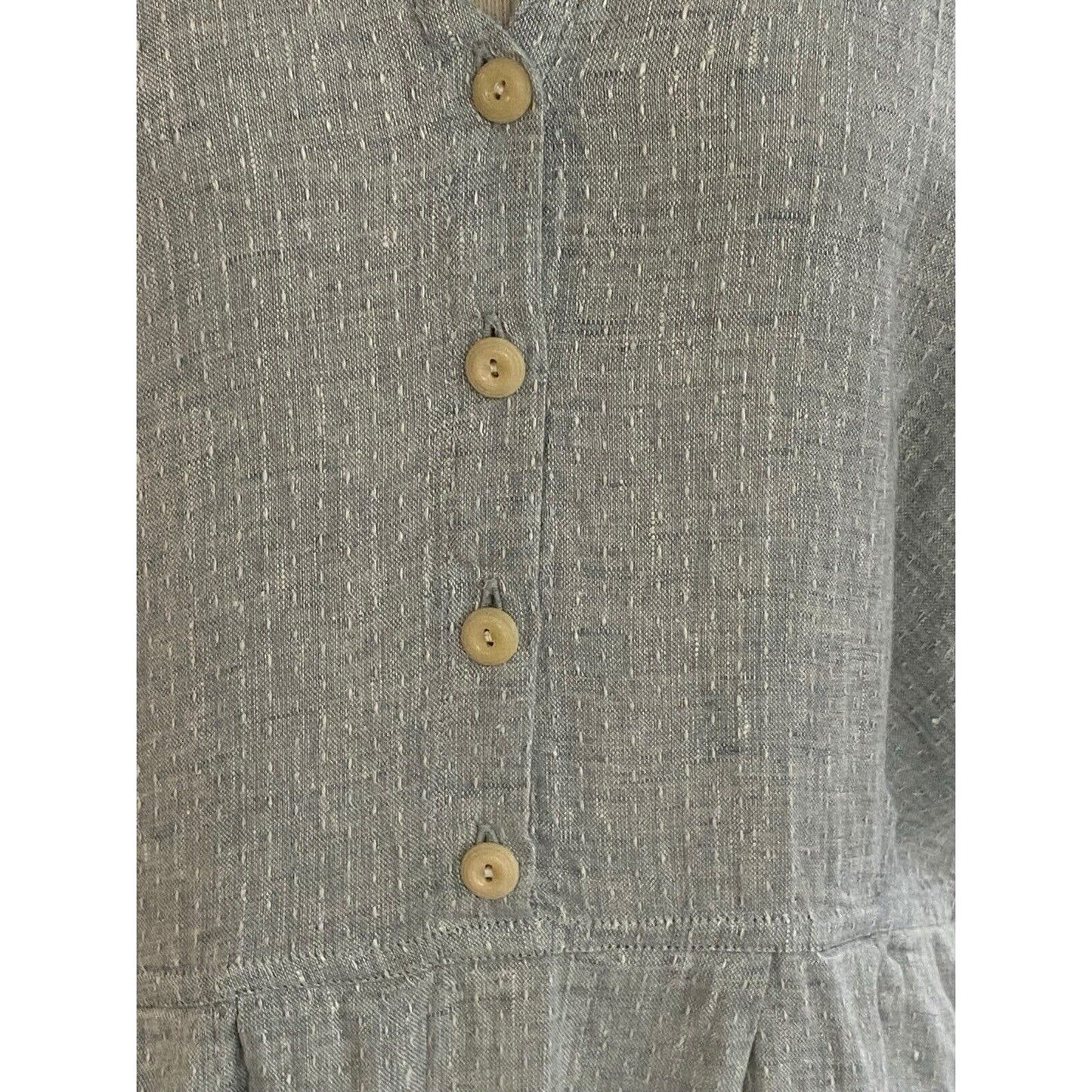 Medium FLAX Linen Dress Bluish Gray Woven Sailor Collar Maxi Pockets