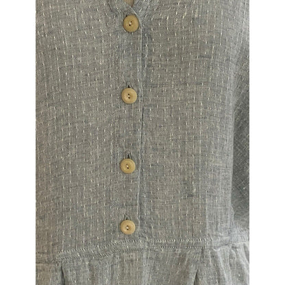 Medium FLAX Linen Dress Bluish Gray Woven Sailor Collar Maxi Pockets