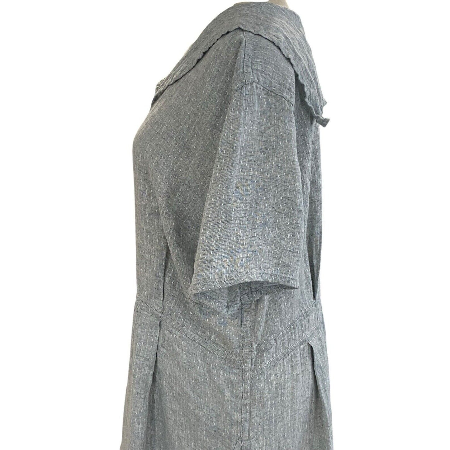 Medium FLAX Linen Dress Bluish Gray Woven Sailor Collar Maxi Pockets