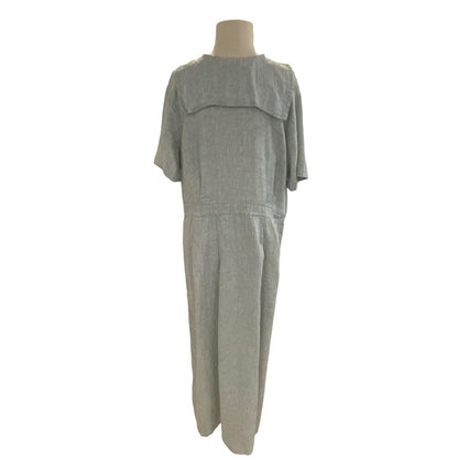 Medium FLAX Linen Dress Bluish Gray Woven Sailor Collar Maxi Pockets