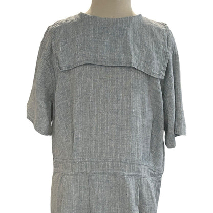 Medium FLAX Linen Dress Bluish Gray Woven Sailor Collar Maxi Pockets