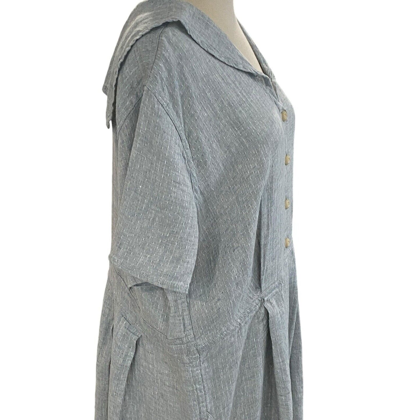 Medium FLAX Linen Dress Bluish Gray Woven Sailor Collar Maxi Pockets