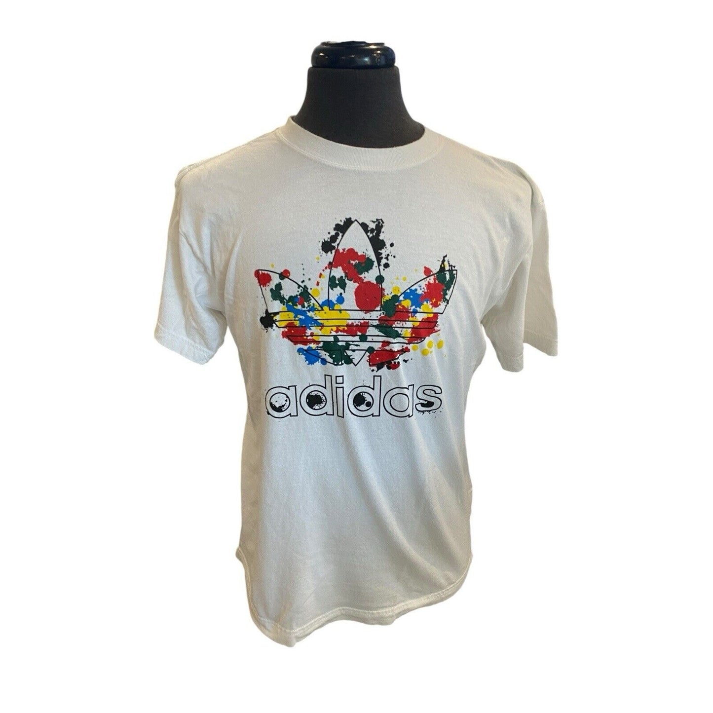 Size Medium Adidas Mens T Shirt White Logo Paint Splatter Design 80’s Y2K Style