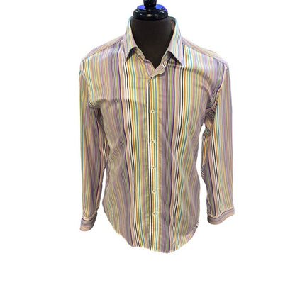 Size Medium BUGATCHI Classic Fit Multi Stripe LS Shirt Flip Cuff 100% Cotton