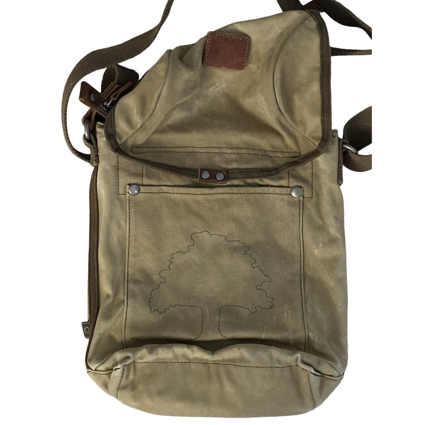 TSD Brand Forest Flap Crossbody Messenger Bag Tan Canvas Brown Leather Trim