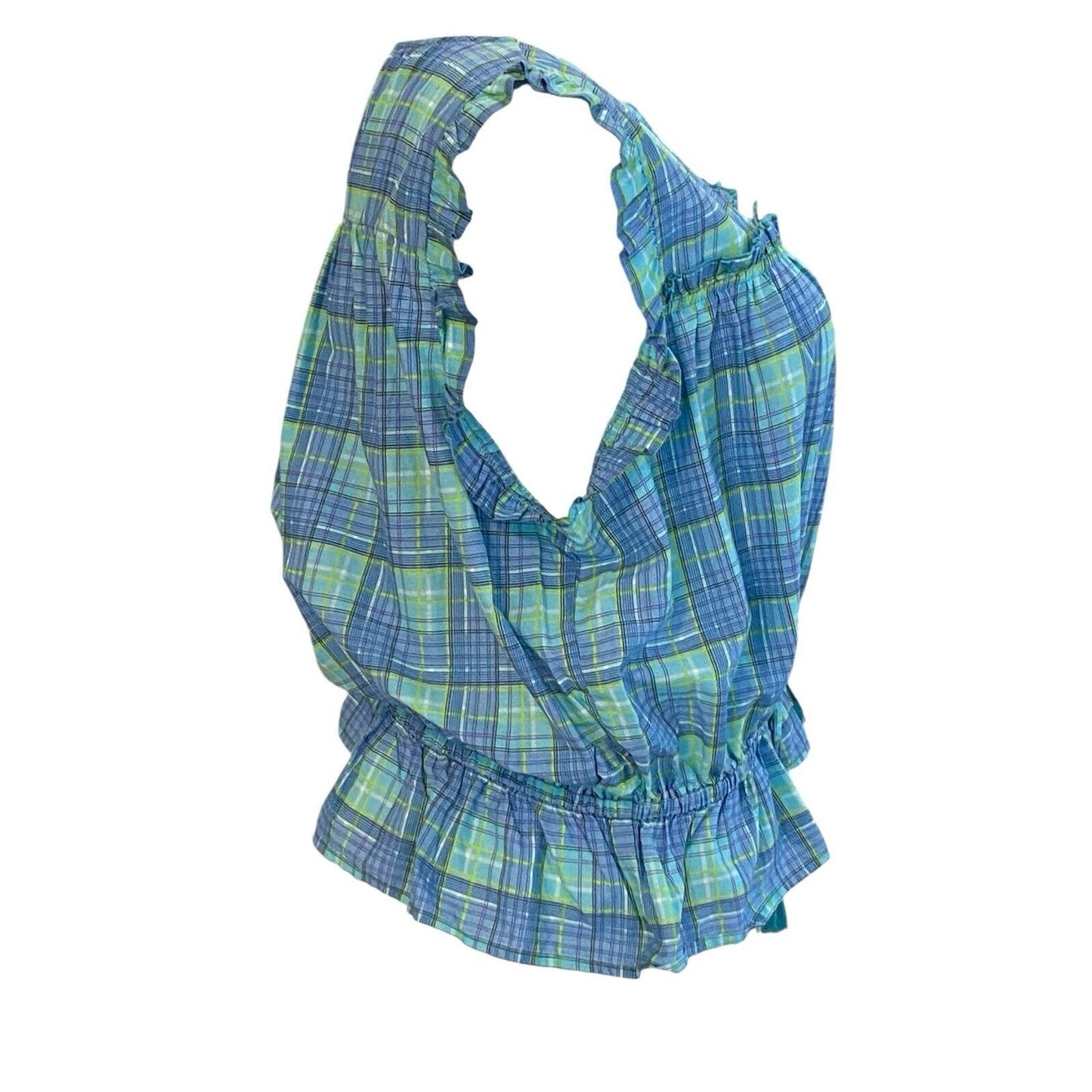 Size XXL Simply Southern Plaid Sleeveless Peplum Shirt Blue Green Cotton NWT