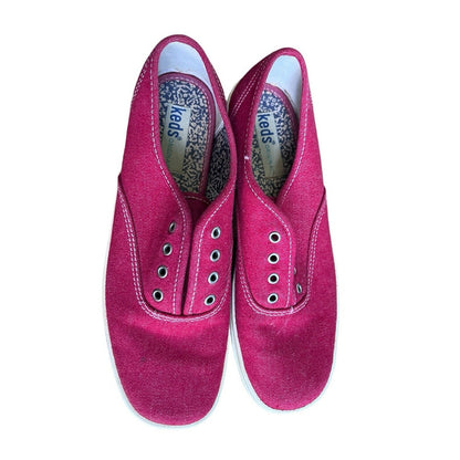 90s Vintage Keds Denim Sneakers Women 7.5 Retro Red Lace Up Shoes No Laces