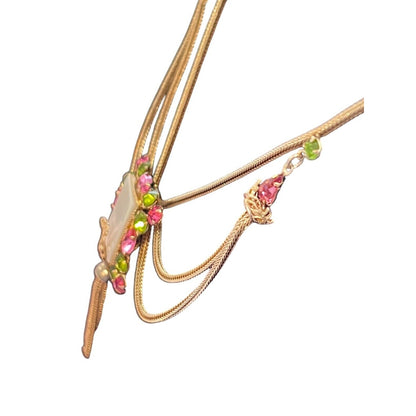 Art Deco Green Pink Rhinestone Festoon Swag Necklace Vintage Rectangle Leaf Acce