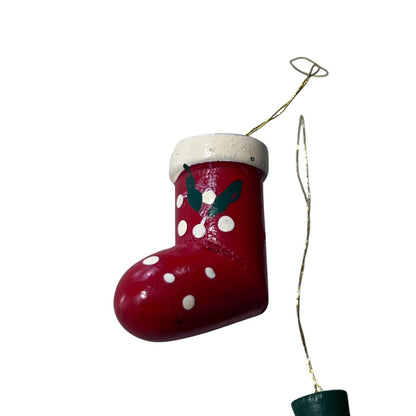 2 Vintage Hand Painted Wooden Christmas Ornaments Small Retro Bear Stocking