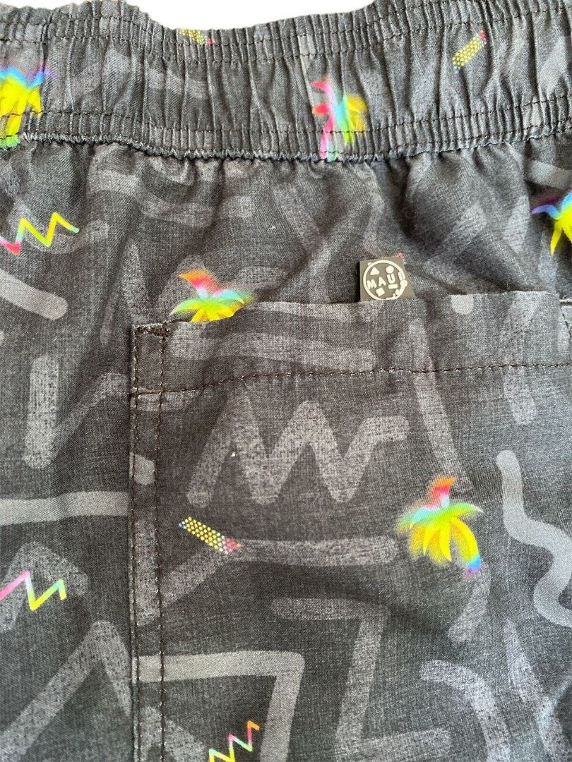 L Maui And Sons Black Retro Swim Trunks 80's Neon Palm Trees