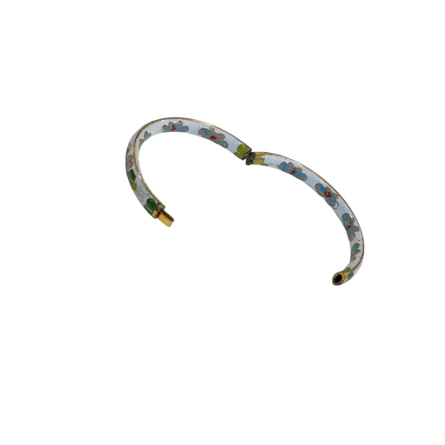 Vintage Cloisonne White Green Floral Flower Enamel Hinged Cuff Bangle Bracelet