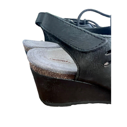 AETREX Women's Giselle Black Leather Lace Up Wedge Sandals Cut Outs Sz 10/41