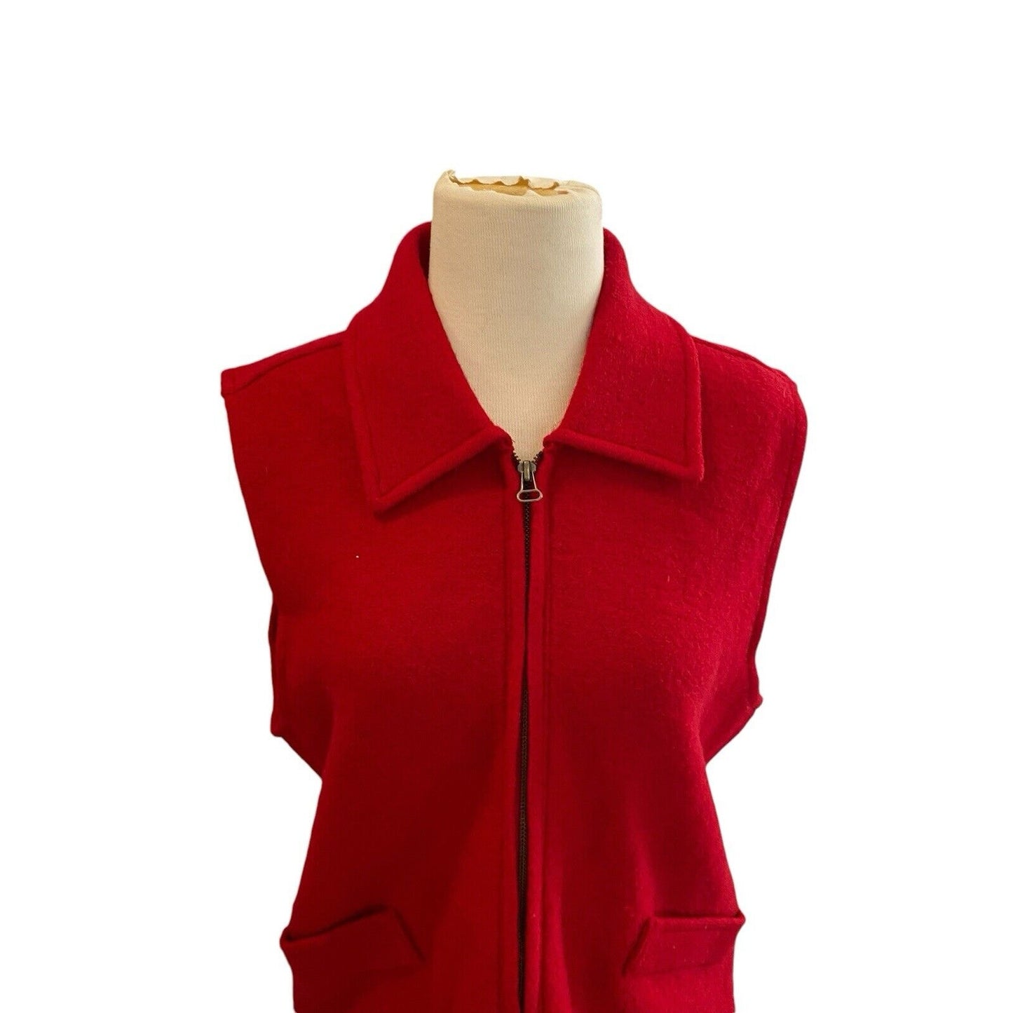 Large Vintage Tally Ho Red Wool Zip Front Vest Top Removable Fur Collar Holiday