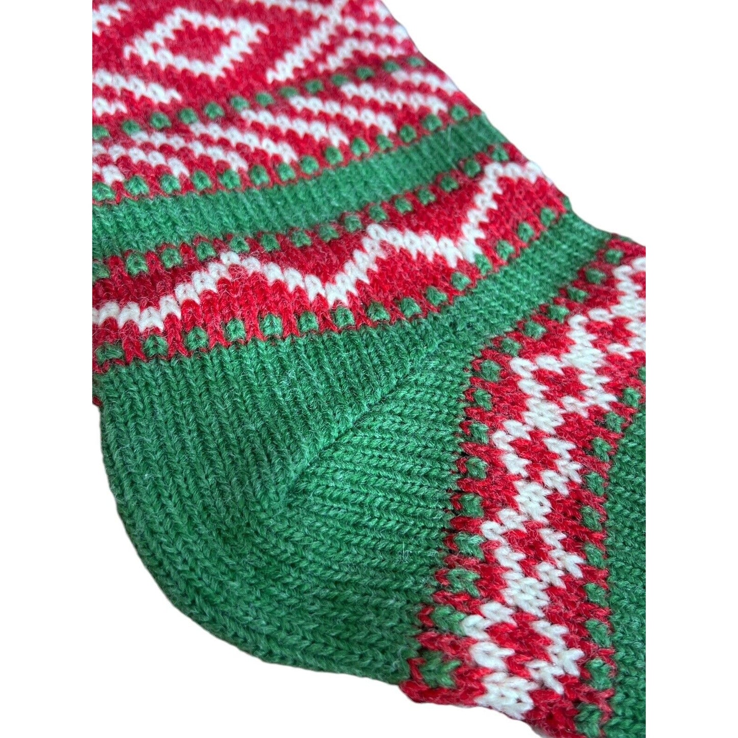 Vintage Nordic Christmas Stocking 19.5” Wool Knit Green Red Pom Poms EUC