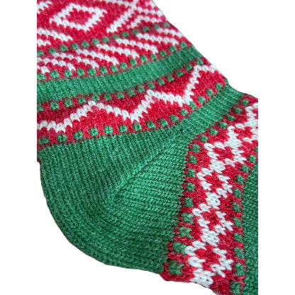 Vintage Nordic Christmas Stocking 19.5” Wool Knit Green Red Pom Poms EUC