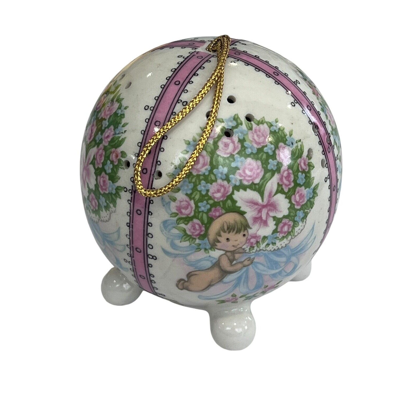 Vintage Ceramic Pomander Scent Ball Pink Angel Cherub Floral Hanging Ornament