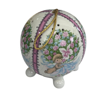 Vintage Ceramic Pomander Scent Ball Pink Angel Cherub Floral Hanging Ornament