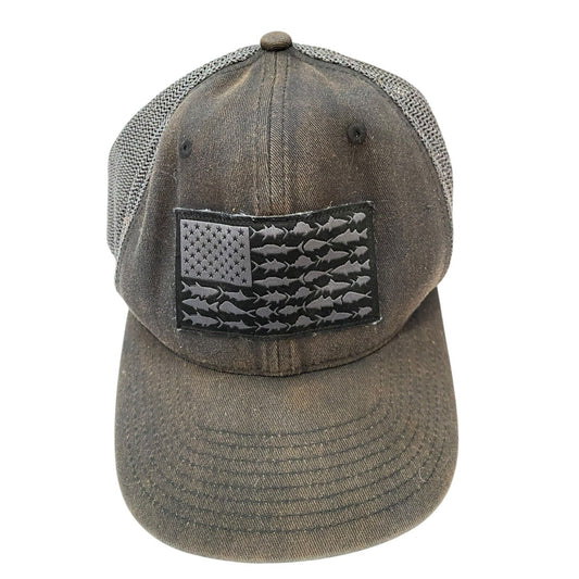Columbia PFG Baseball Cap FlexFit American Flag Fish Black Gray L/XL Weathered