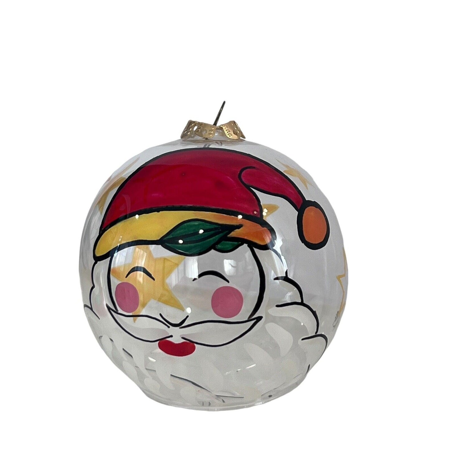 Handpainted Santa Claus Stars Ornament Christmas Holiday Clear Glass Ball Signed