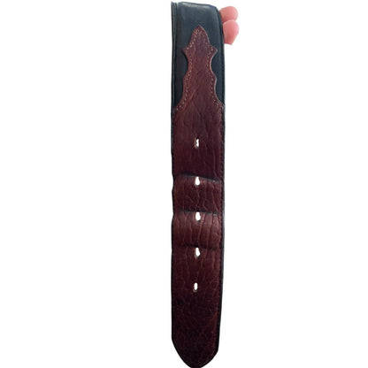 Vintage 1995 JUSTIN Western Black Brown Leather Belt Cowboy Silver Tone Buckle